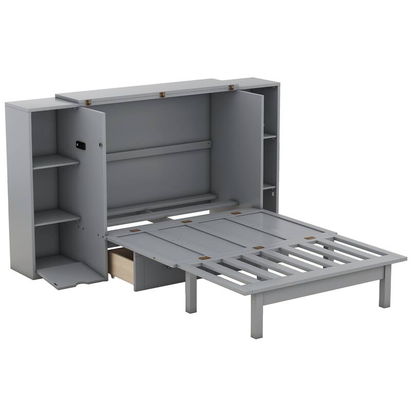 Queen Size Murphy Bed with Shelves, Drawers, USB Ports