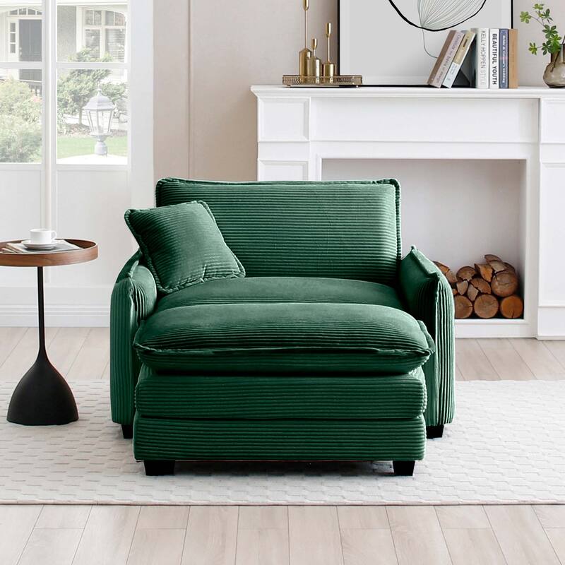 Ergonomic Corduroy Single Sofa Chair with Ottoman and Pillow - Green
