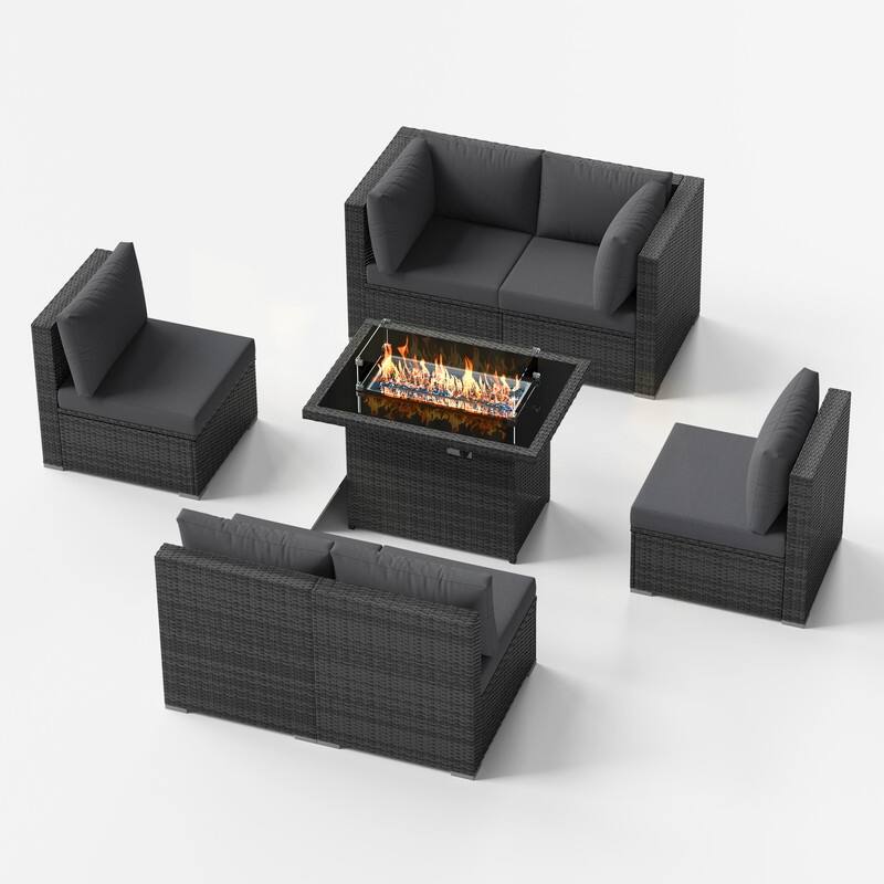 7 Piece Outdoor Sectional Modular Wicker Patio Conversation Set with 43'' Fire Pit Table and Cushion