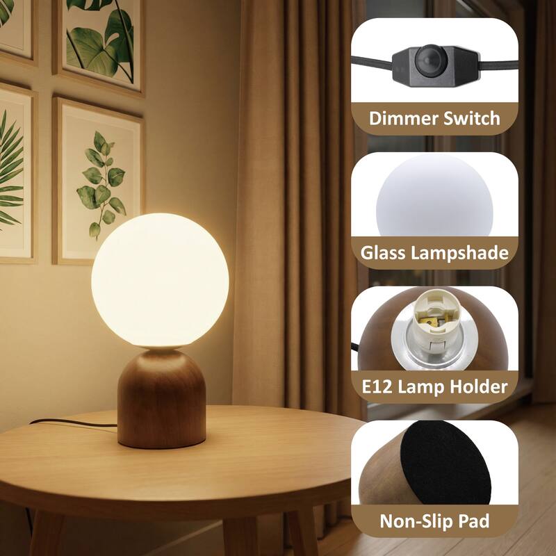9.84'' Modern Opal Glass Globe Table Lamp with Solid Rubber Wood Base, Rotary Dimmer Switch (Bulb Not Included)