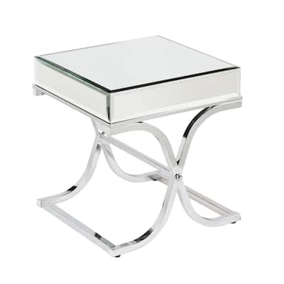 22" Square Silver Mirrored Glass End Table with Cross Legs and Chrome Finish for Living Room - 22.25”H x 20.5”W x 20.5”D