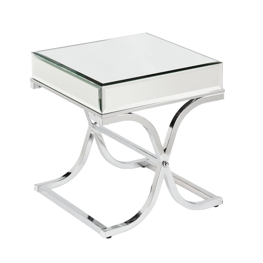 22" Square Silver Mirrored Glass End Table with Cross Legs and Chrome Finish for Living Room - 22.25”H x 20.5”W x 20.5”D