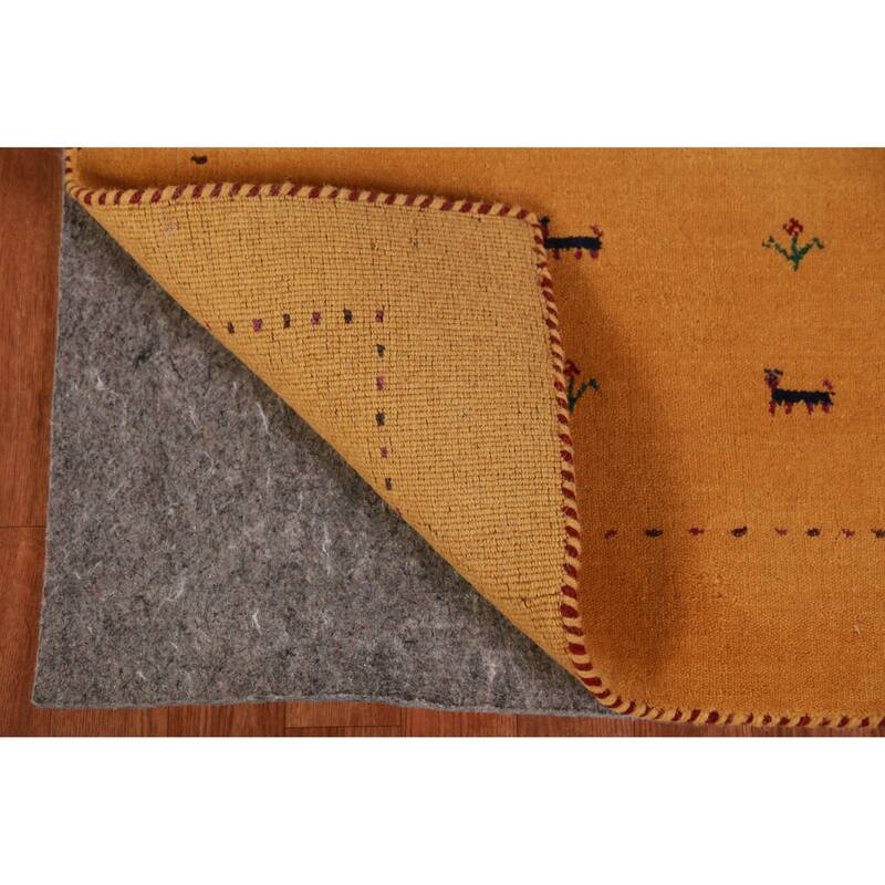 Hand Knotted Oriental 100% Wool Carpet Tribal Animal Pictorial Yellow & Gold Gabbeh Runner Rug - 9' 10'' X 2' 6''