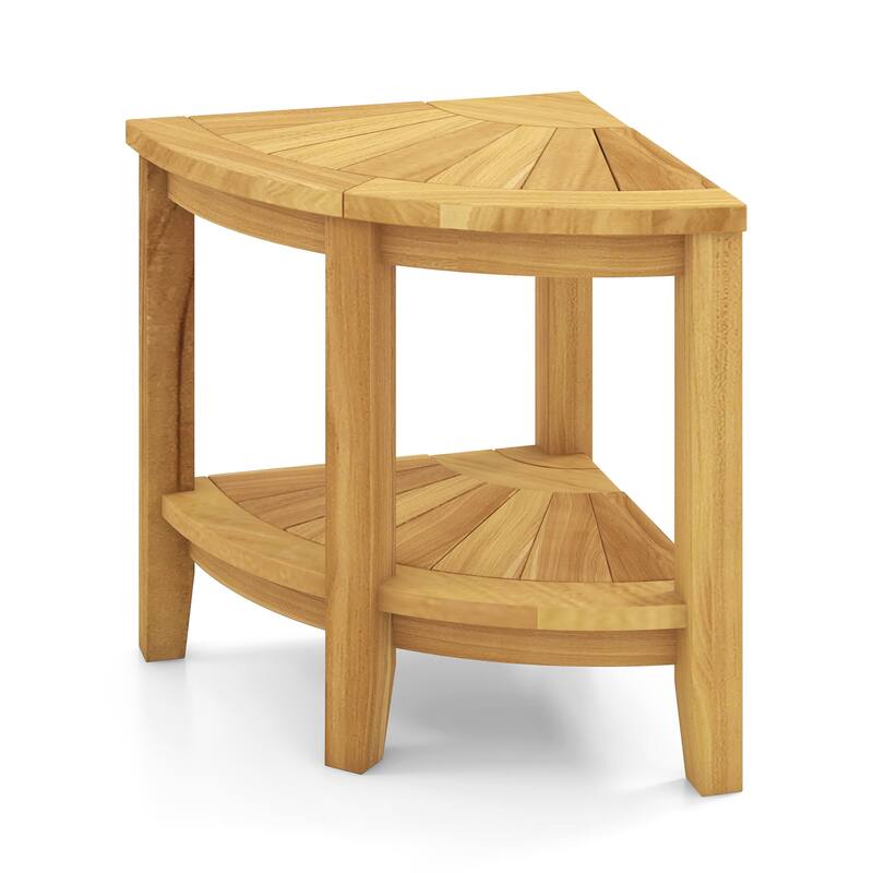 Gymax Corner Shower Stool Teak Wood Shower Bench w/ Storage Shelf