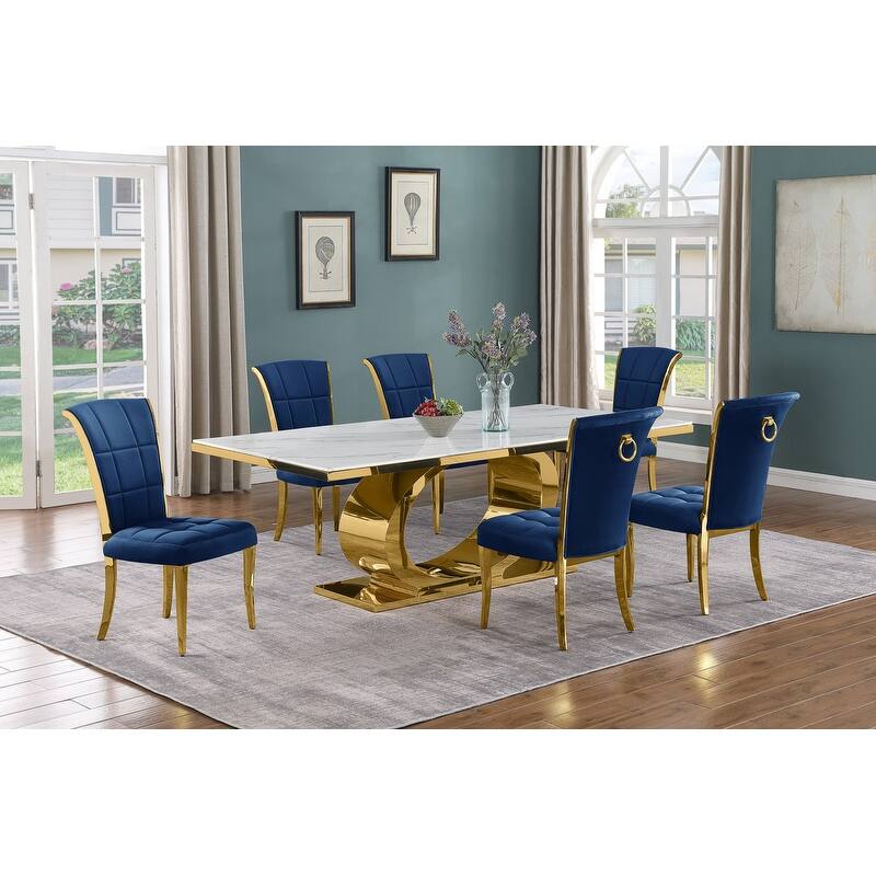 Best Quality Furniture D432/3-SC320-7 Dining Set with 87" White Marble Top - Navy Blue / Gold - 7-Piece