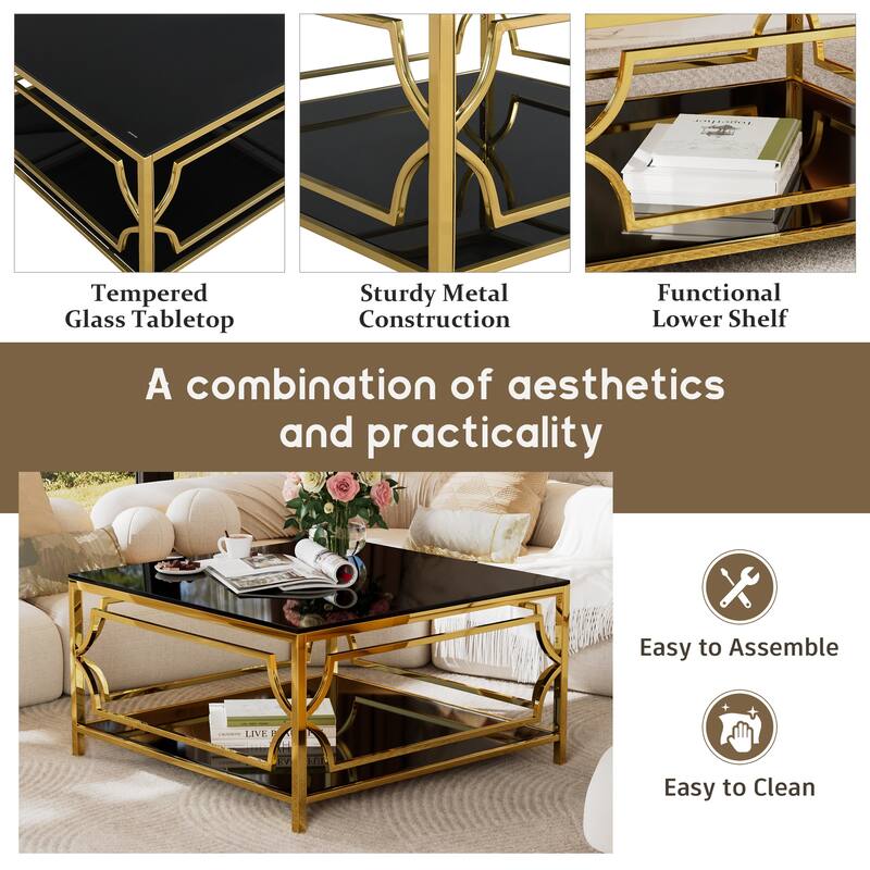 Roomfitters Square Glass Coffee Table with Gold Metal Frame, Black Top, Geometric Design & Lower Shelf, 33.5"