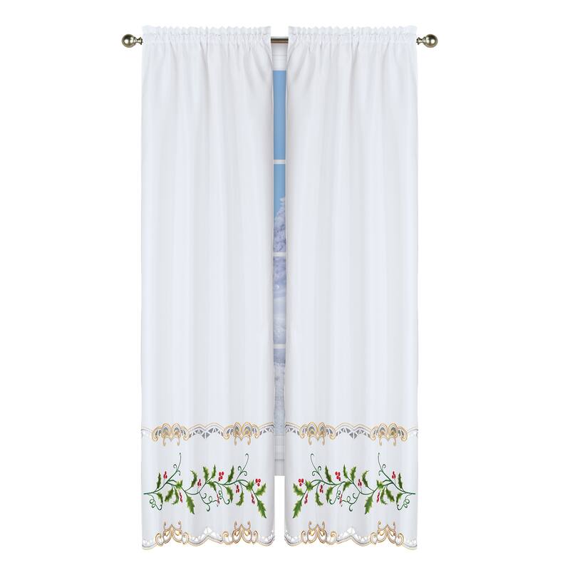 Holiday Embroidered Holly Berry Rod Pocket Top Drapes