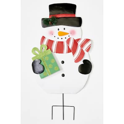 31" Metal Christmas Snowman Holding Gift Yard Stake - 31