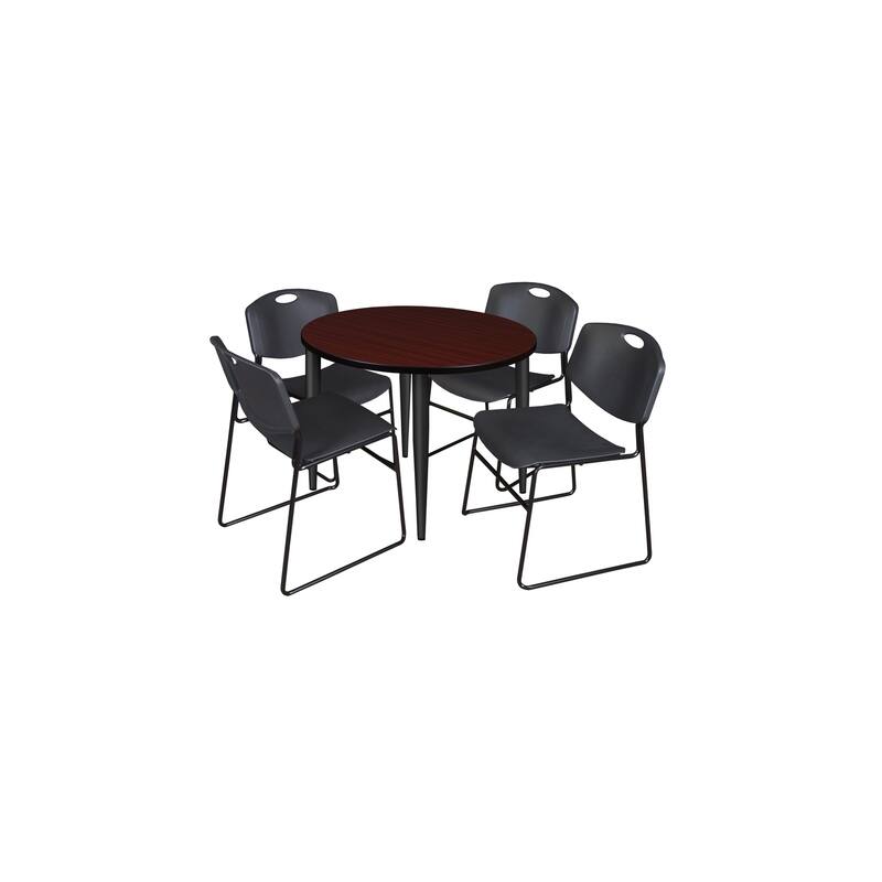 36 in. Round Breakroom Table- Mahogany Top, Black Base & 4 Stack Chairs- Black
