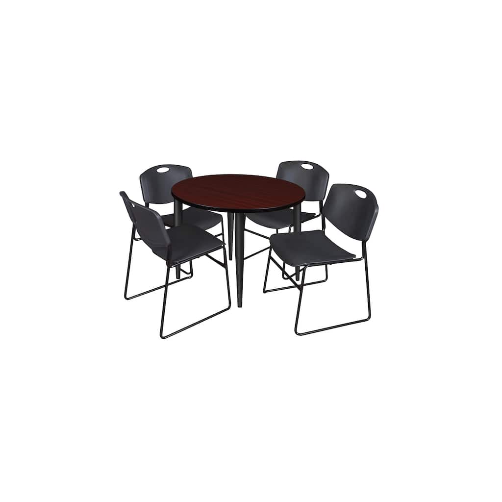 36 in. Round Breakroom Table- Mahogany Top, Black Base & 4 Stack Chairs- Black