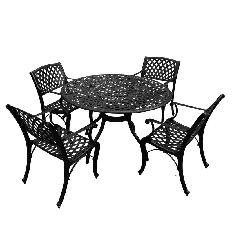 Outdoor Mesh Lattice 48 inch Bronze Round Dining Set with Four Chairs - Black