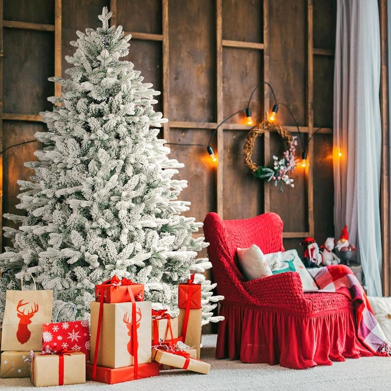 Suncrown 6ft/7ft Artificial Snow Flocked Christmas Tree with Metal Stable Stand Base for Indoor and Outdoor Holiday Decoration