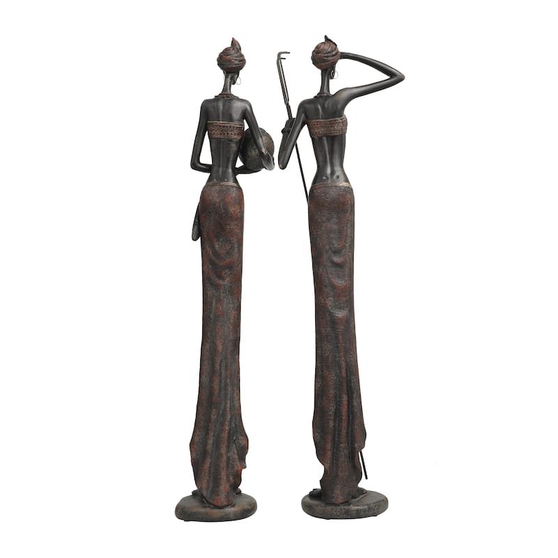 Polystone People Handmade Tall African Women Decorative Sculpture with Carved Dresswear - Set of 2 Red - Roche River Decor