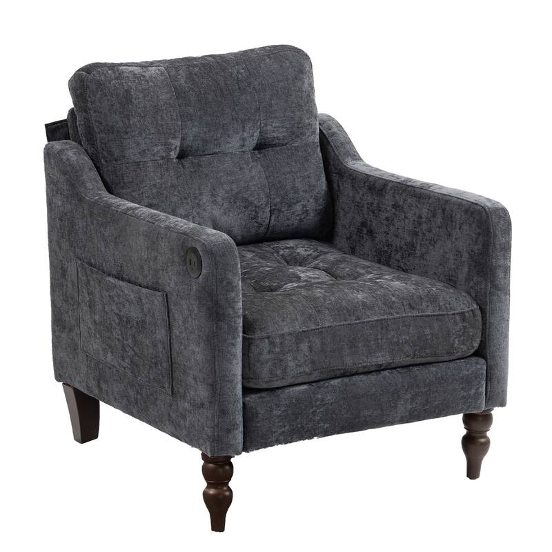 Chenille Accent Armchair, Upholstered Lounge Chair with USB Port, Single Sofa Chair with Wooden Legs & Side Storage