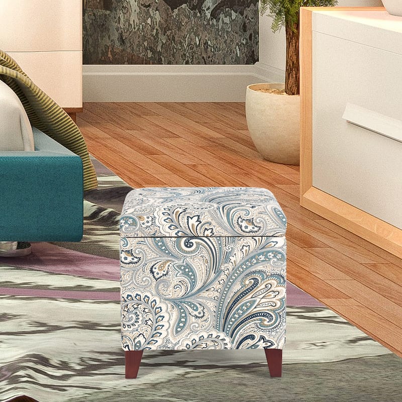 Adeco Floral Printed Linen Cube Storage Ottoman Footrest Footstool