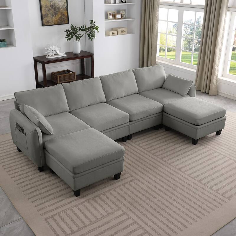 109.4" Chenille Sectional Sofa with Two Ottomans - Dark Grey
