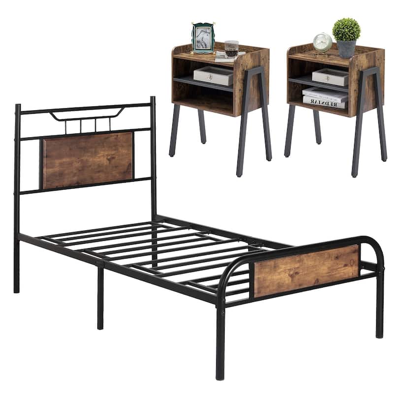 VECELO Industrial 3-pieces Bed and Modern Nightstands Set - Brown Nightstands - Twin