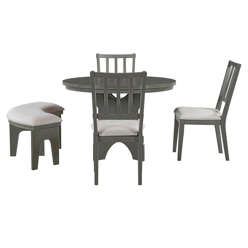 5-Piece Rustic Dining Set with Round Table, 3 Chairs & Bench