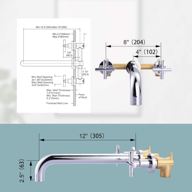 WOWOW Modern Cross-Style Dual-Handle Wall-Mounted Bathtub Faucet