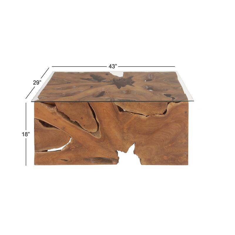 Teak Wood Handmade Live Edge Tree Stump Coffee Table with Clear Glass Top - Brown - Roche River Decor - 28"W x 40"L x 18"H