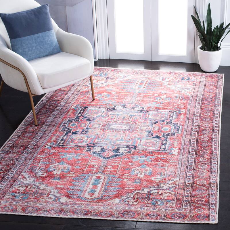 SAFAVIEH Serapi Machine Washable Vallie Medallion Distressed Rug - 9' x 12' - Red/Navy