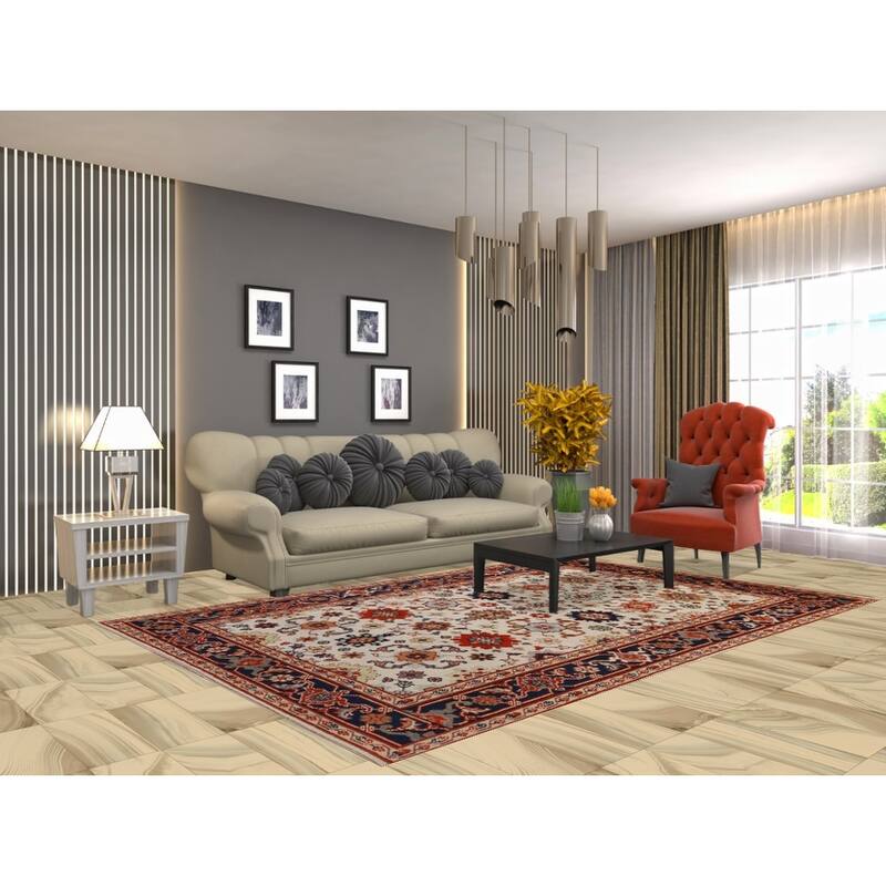 Hand Knotted Oriental 100% Wool Carpet Traditional Geometric Beige & Ivories Heriz (serapi) Area Rug - 9' 1'' X 6' 0''