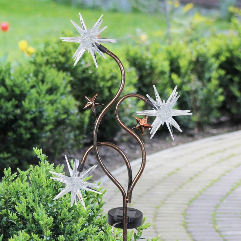 Exhart Solar Patriotic Triple Starburst Garden Stake in Red, White, and Blue with Three LED Lights, 11 by 33 Inches