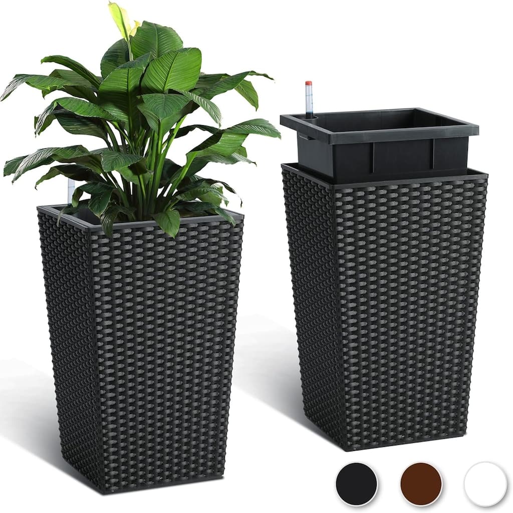 2-Pack 16Inch Rattan Self-Watering Planters with Water Level Indicator Black