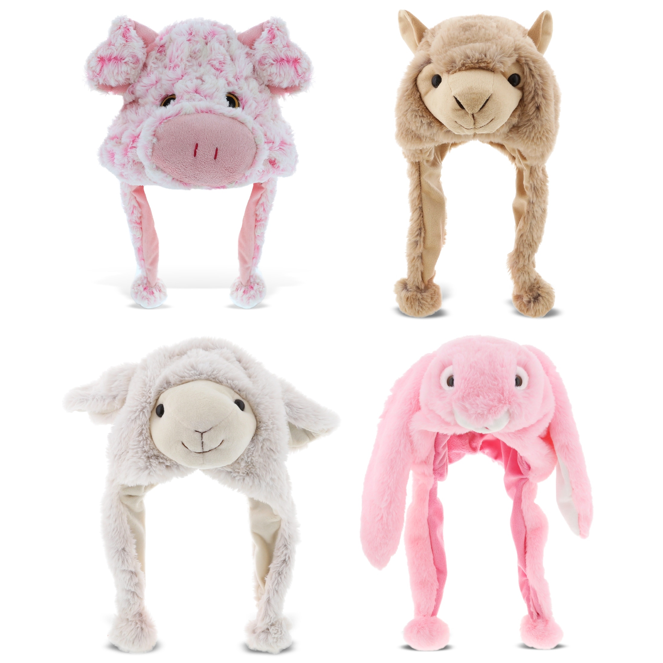 DolliBu Farm Plush Hats Set of 4 - Bunny, Llama, Sheep, Pig Warm Hat - One Size