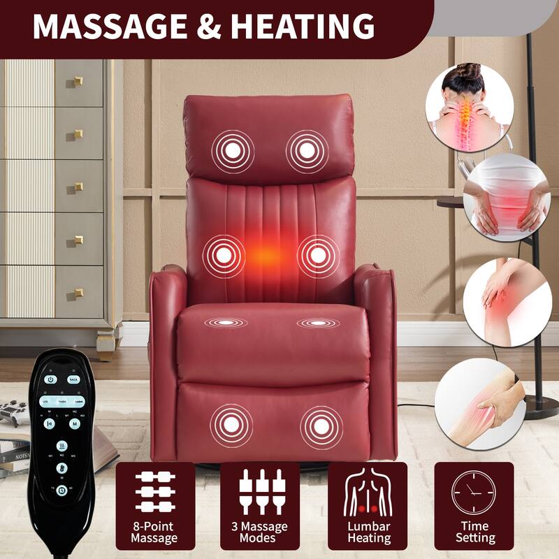 Roomfitters Swivel Rocker Recliner Chair, Manual Faux Leather Massage Armchair with Heat and Glider Motion, Living Room
