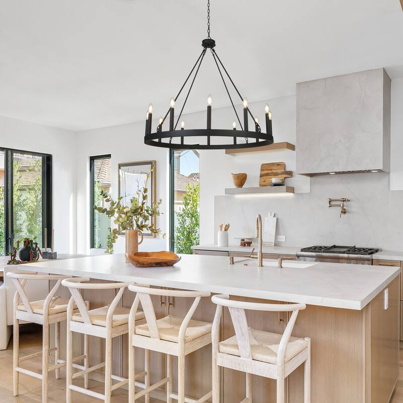 Modern Transitional Black 12-Light Wagon Wheel Chandelier for Living Dining Room - W39.4"*H36.6"