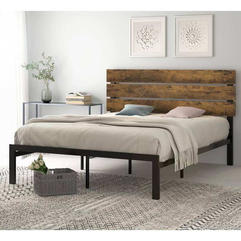 Rustic Style Platform Bed Frame Queen Size with Wood Headboard, Strong Metal Slats Support, Easy Assembly - Dark Brown
