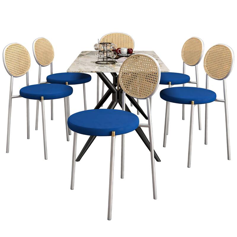 7-Piece Dining Set with 55-Inch Sintered Stone Dining Table and 6 Velvet Side Chairs - Navy Blue