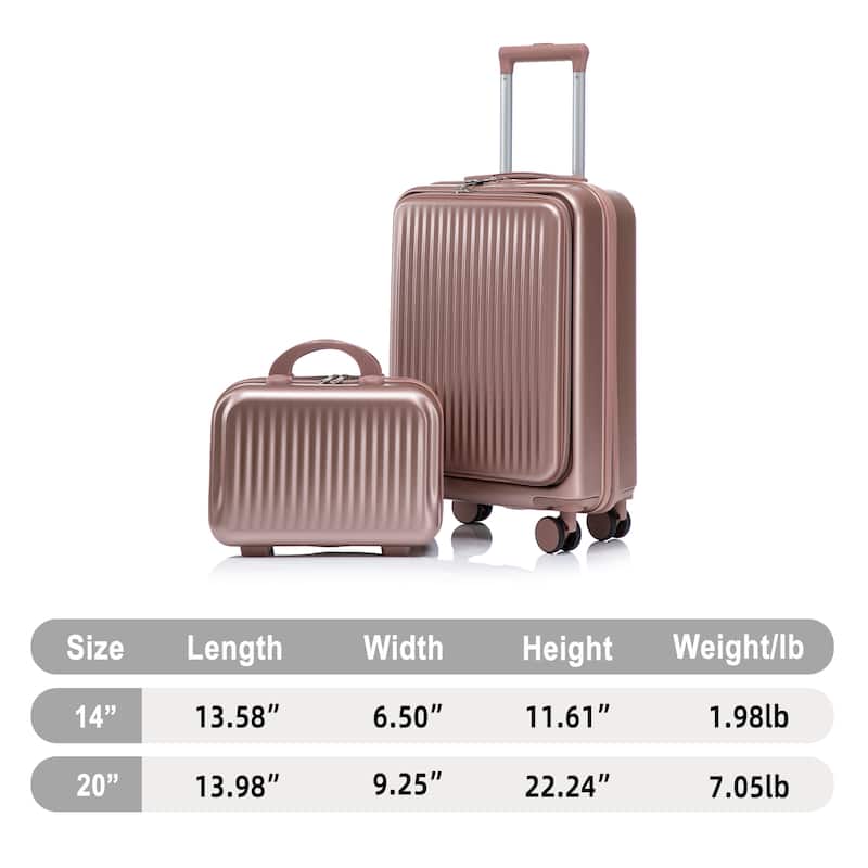 14"/20" 2 pcs/set in ABS Spinner Wheel Luggage, with Combination Lock and Front Opening Design, 14" Cosmetic Case