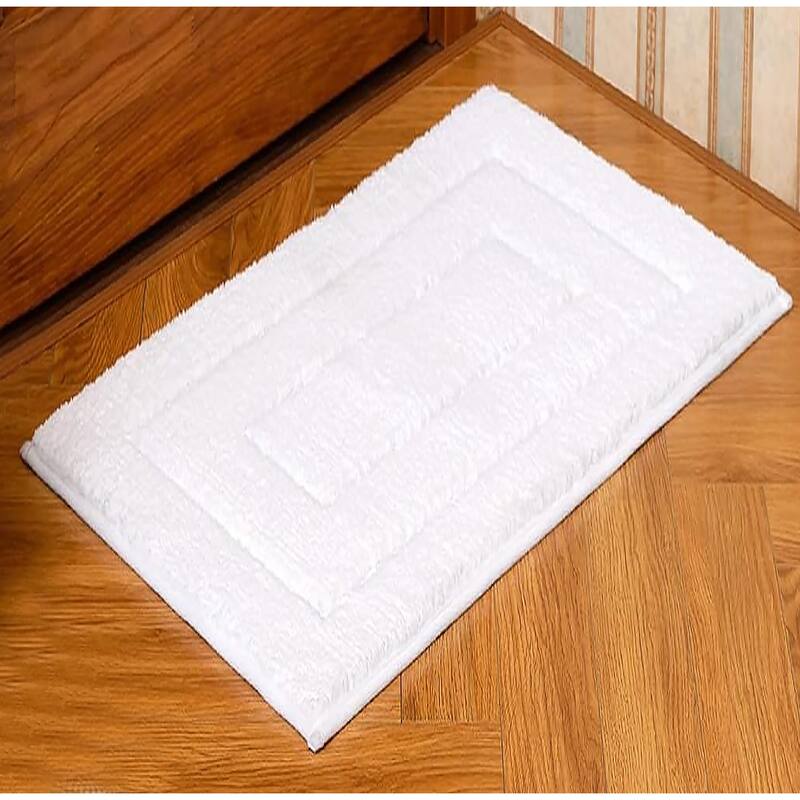 White 2 Piece Bordered Box Plush Soft Cozy 100% Polyester Bath Mat Set