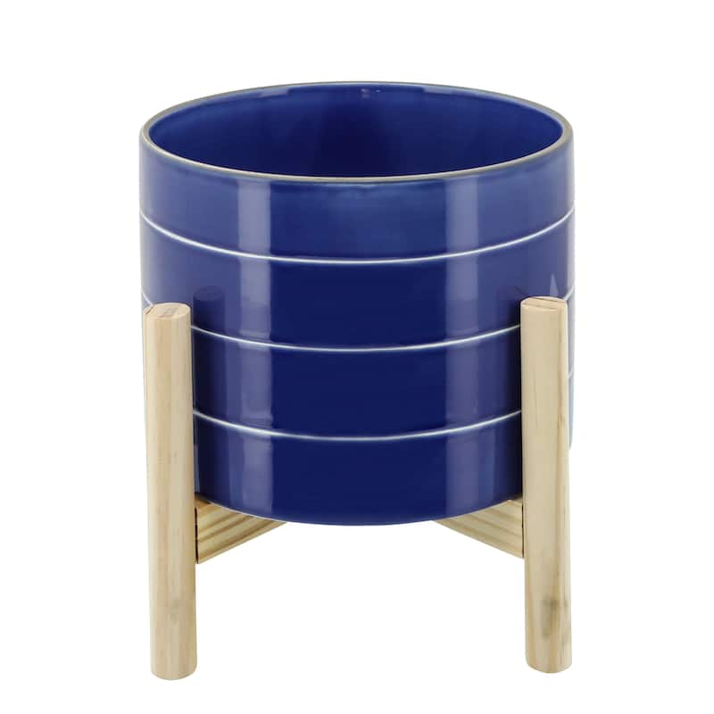 Sagebrook Home Modern Coastal Blue Striped Planter with Wood Stand Indoor/Outdoor - 8"x8"x9" - Blue Striped