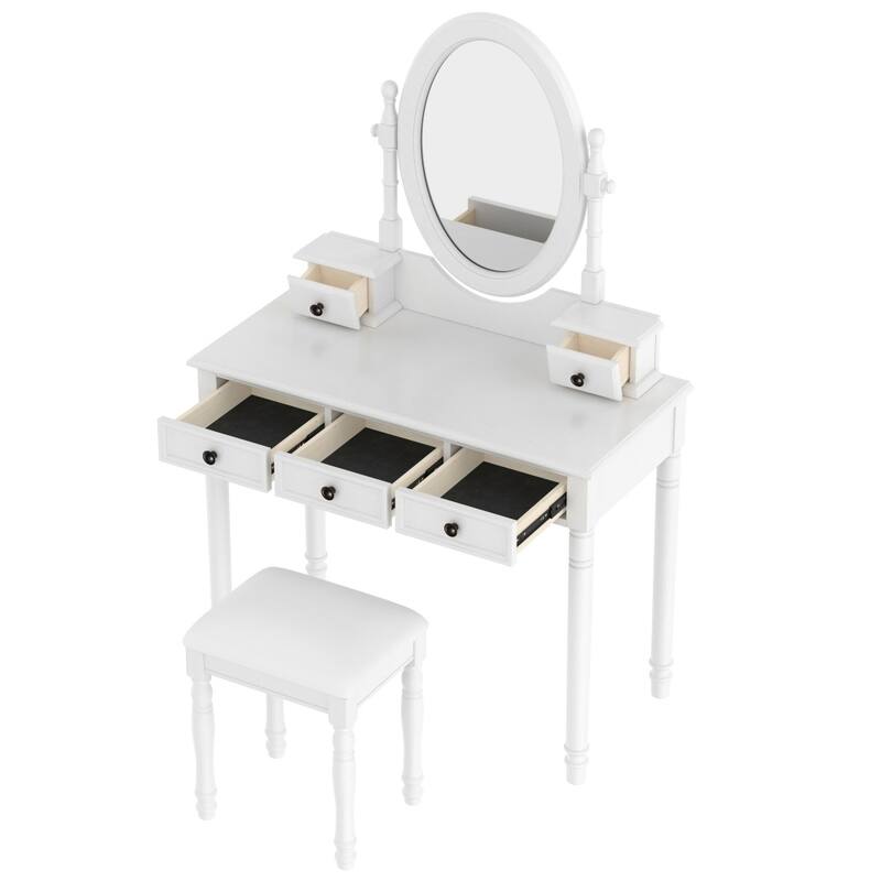 38" Wooden Vanity Desk with Adjustable Angle Mirror and Cushioned Stool, 5 Drawers
