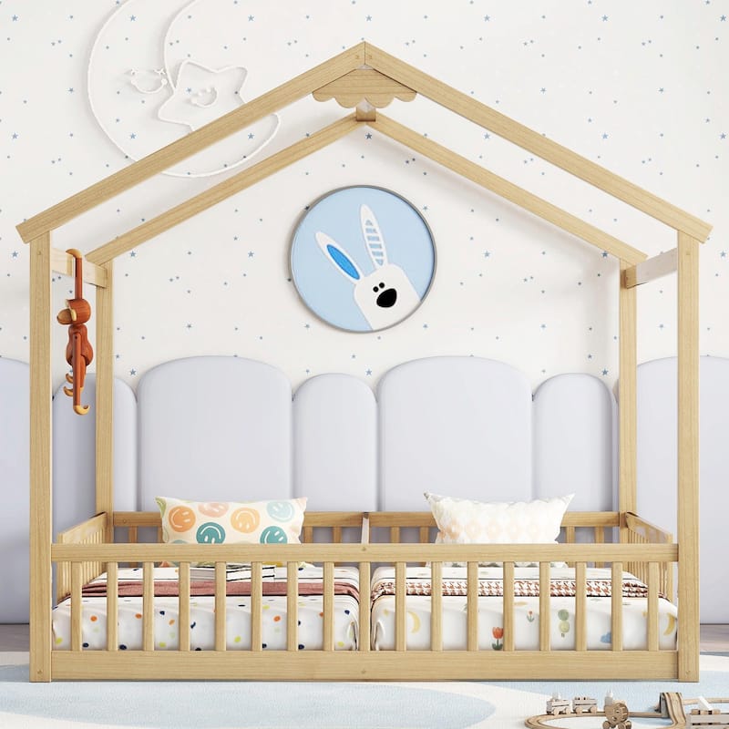 Double Twin House-Style Floor Bed with Fence and Guardrails, No Door