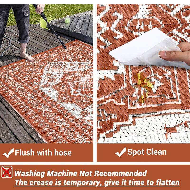 Outdoor Patio Rug Waterproof Reversible Carpet Vintage Boho Medallion Rug Plastic Straw Rug