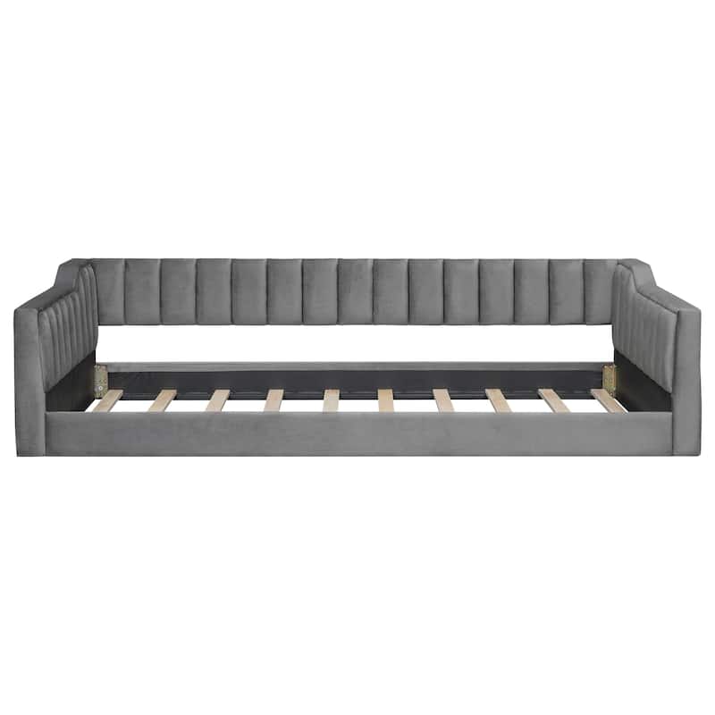 Twin XL Velvet Upholstered Daybed with Side Storage Pocket, Sloped Arms, and No-Box Spring Support