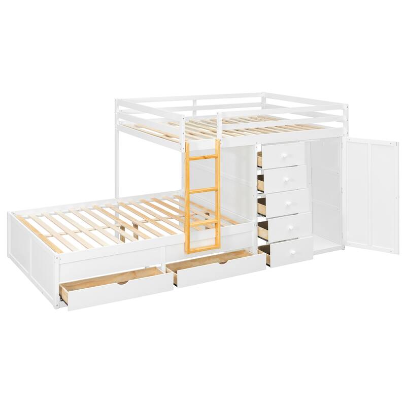 Kids Bed Frame Full Over Full Bunk Bed with Drawers and Wardrobe