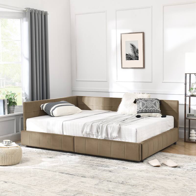 L-shaped Velvet Upholstered Daybed Tufted Sofa Bed with Soft Backrest Armrests - and Optional Corner Storage Day Bed