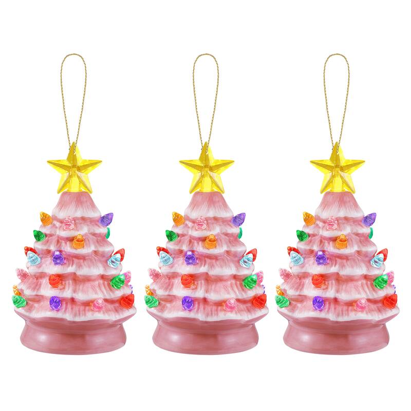 5 in. Set of 3 Nostalgic Ceramic Tree Ornaments - Pink