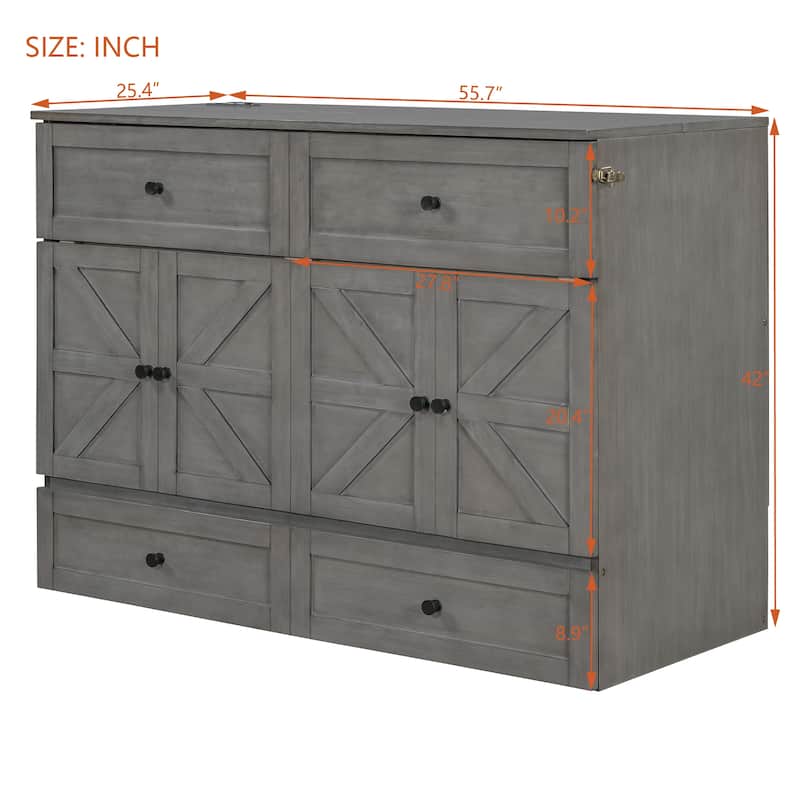 Full Size Murphy Bed with Storage Drawers, USB Ports, and Brushed White Finish, Space-Saving Design, Easy Assembly