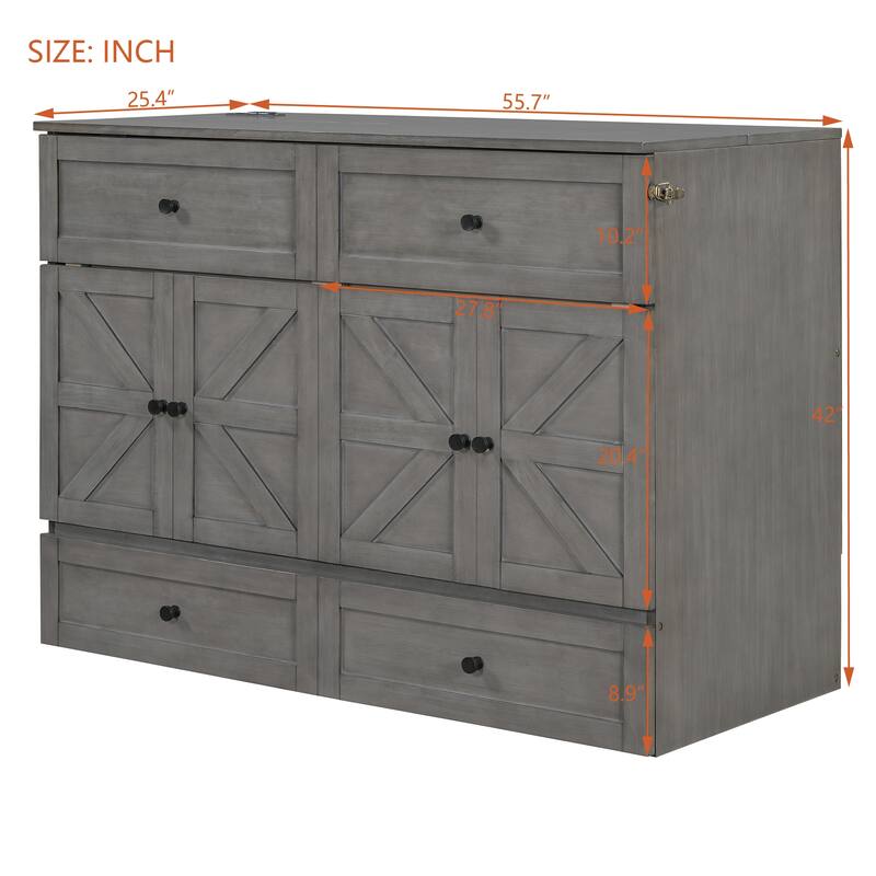 Space-Saving Full/Queen Murphy Bed with Headboard USB Charging Ports and Bottom Storage Drawers