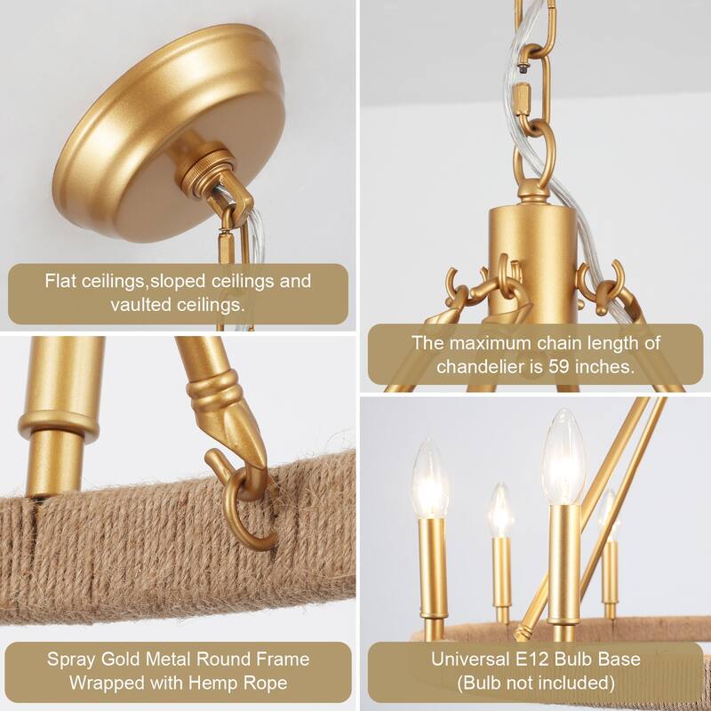 12-Light W26.77" x H78.74" Hemp Rope Wagon Wheel Chandelier for Living Room