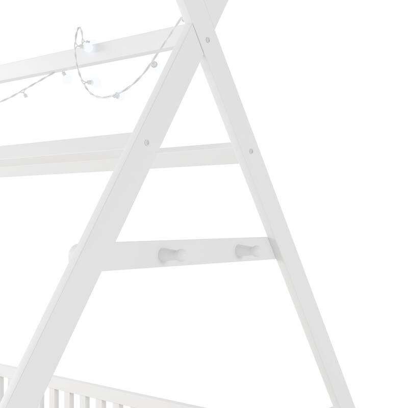 Full House Bed with Light, Low Floor House Bed with Fence and Roof for Kids, White