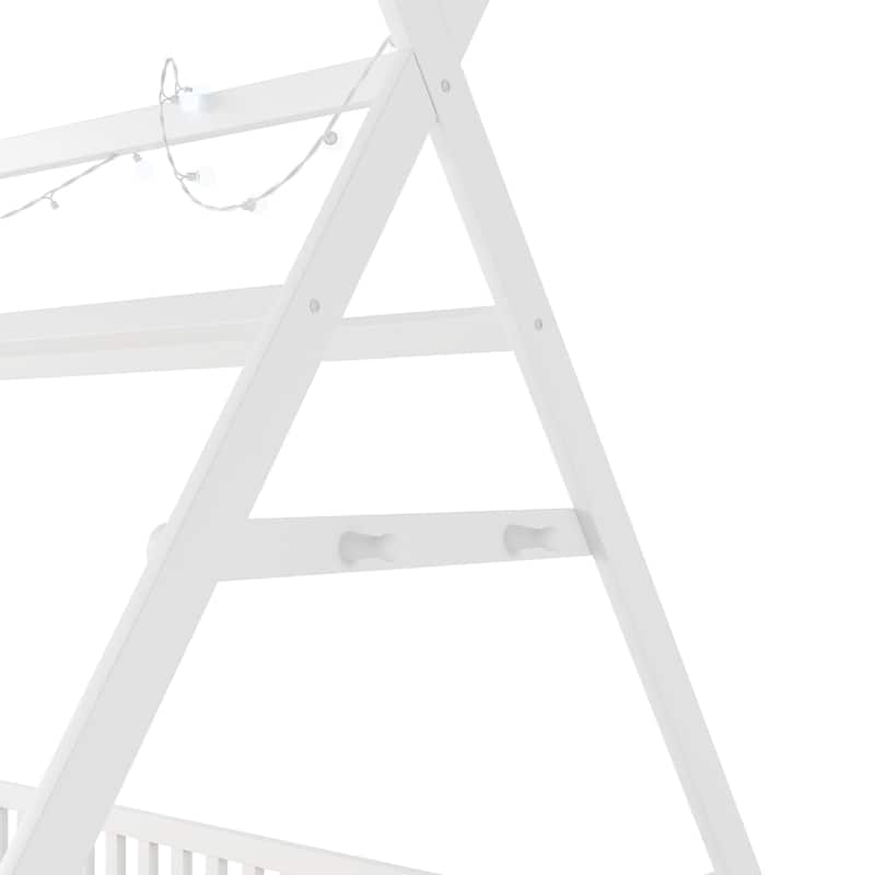 Full Low Floor House Bed with Fence and Roof for Kids Boys Girls - White