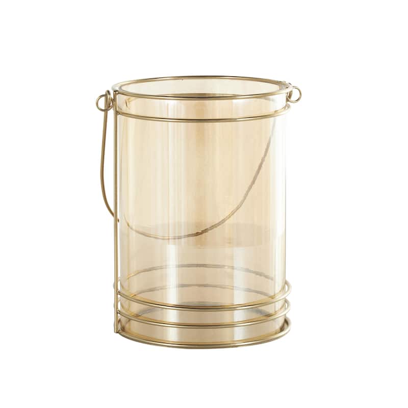 Metal Indoor Outdoor Candle Lantern with Thin Circular Rods and Tinted Glass - Gold - Roche River Decor