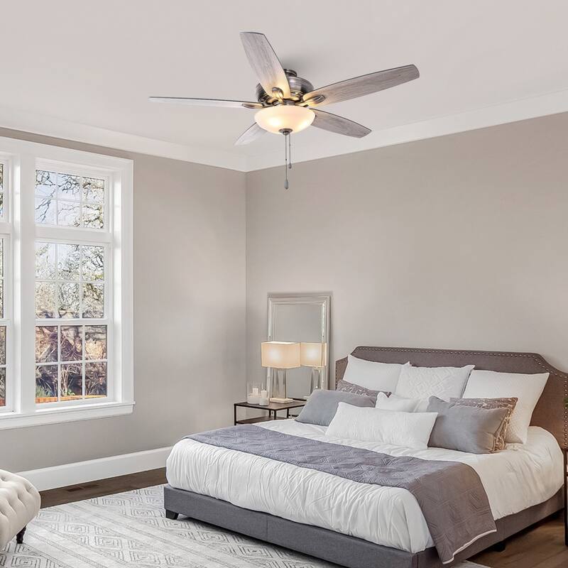 52" Traditional Antique Silver Frosted Glass Ceiling Fan with Light and Pull Chain